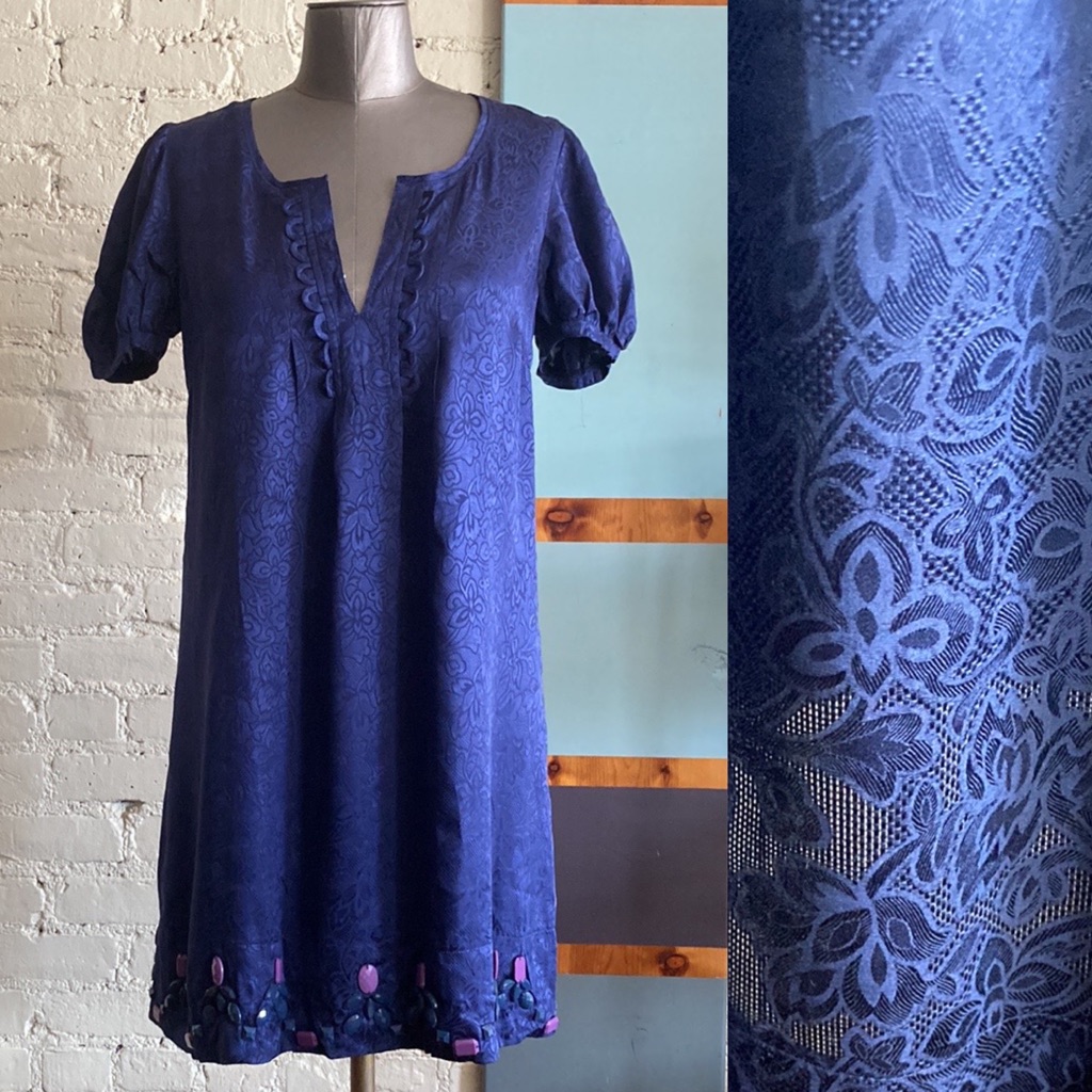 Sandro Navy Floral Silk Midi Shift Dress Sz S